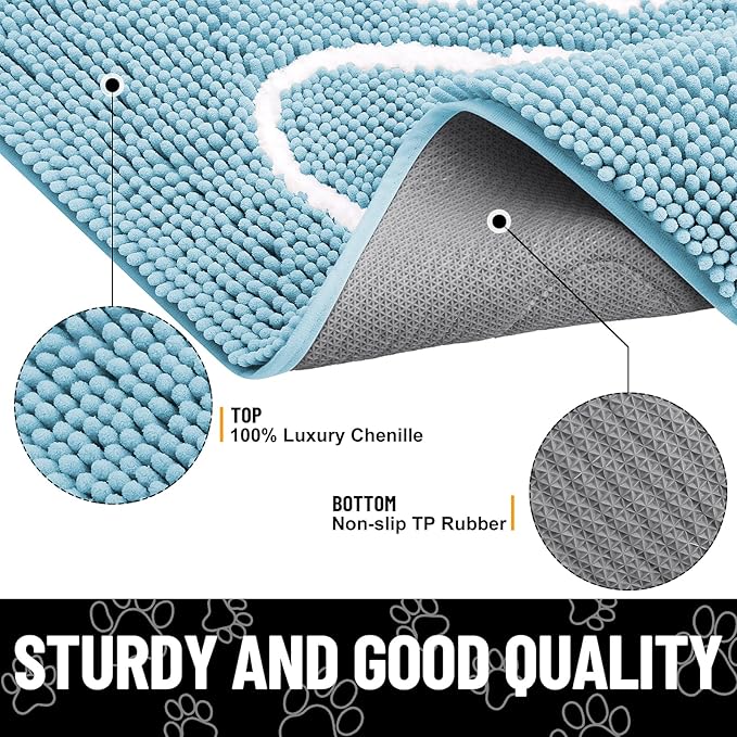 Smiry Dog Door Mat for Muddy Paws, Absorbent Dirt Trapper Non Slip Quick Dry Washable Chenille Mat for Mud Dogs, Entry Rug for Indoor and Outdoor (30x20 Inches, Sky Blue and White)