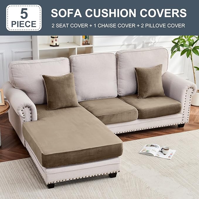 Couch Cover 3-Piece Elastic Velvet Couch Cushion Covers & Chaise Slipcovers for L-Shaped Sofas - Sofa Seat Covers Washable, Soft Cover for Couches (2 Seater + Chaise, Leather Brown)