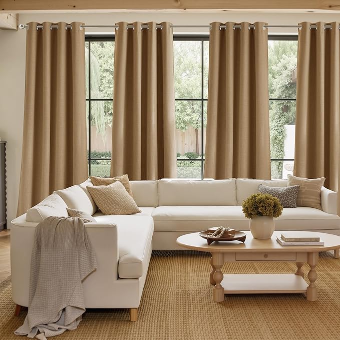 NICETOWN Caramel Faux Linen Room Darkening Rod Pocket Curtains 63 inch Length, W42 x L63, Light Blocking Thermal Insulated Noise Reducing Drapes for Bedroom Living Room Farmhouse Decor, 2 Panels