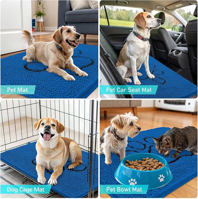 OLANLY Dog Door Mat for Muddy Paws 36x24, Paw Print Design, Absorbs Moisture and Dirt, Non-Slip Washable Doormat, Quick Dry Chenille Mud Mat for Dogs, Entry Indoor Entryway Carpet, Deep Navy Blue