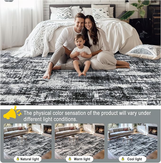 Area Rugs 10x14 Living Room - Washable Rug Modern Abstract Soft Large Neutral Non-Slip Carpet Indoor Floor Thin Carpets for Bedroom Dining Room Farmhouse Nursery Home Office Black