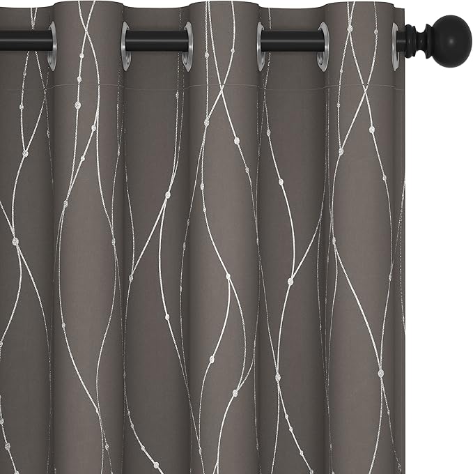 Deconovo Blackout Curtains, Thermal Insulated Soundproof Grommet Drapes, Wave Line Dots Foil Print, 52 x 84 Inch Long, 2 Panels, Machine‑Washable Window Curtains for Bedroom Living Room Nursery, Taupe