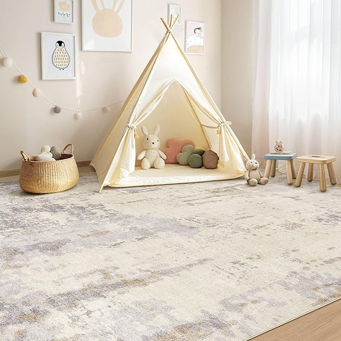 UERMEI 8x10 Area Rug Living Room Rugs - Washable Neutral Modern Abstract Soft Thin Rug Indoor Floor No Slip Rug Carpet for Bedroom Under Dining Table Home Office Decor - Light Brown/Gray