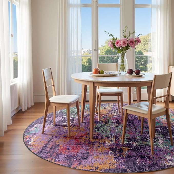 Washable Area Rugs 6ft Non-Slip Modern Abstract Soft for Living Room Entryway Bedroom Nursery, Print Pattern, Purple Orange Blue Green Rust Red Colorful