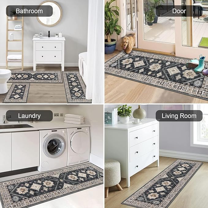 HEBE Boho Kitchen Rug Sets 3 Piece with Runner Non Slip Kitchen Rugs and Mats Washable Kitchen Mats for Floor Thick Kitchen Floor Mat Carpet Runner Rugs for Hallway Laundry Holiday Decor