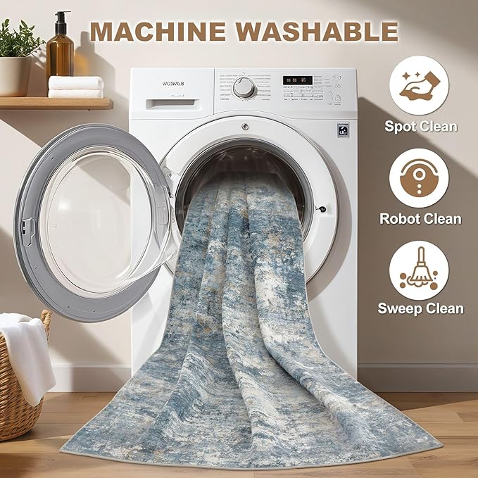 Nakagishi 10x14 Area Rugs Living Room: Washable Abstract Large Neutral Soft Rug Stain Resistant Modern Indoor Floor Non-Slip Carpet for Bedroom Nursery Kids Playroom Office Dining Room Dorm-Blue Brown