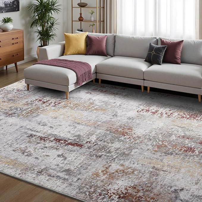 Toneed Abstract Area Rug Modern Washable Rug Soft Non Slip Rug Low Pile for Bedroom Living Room Dining Room Taupe Grey Brown 4x6 Feet