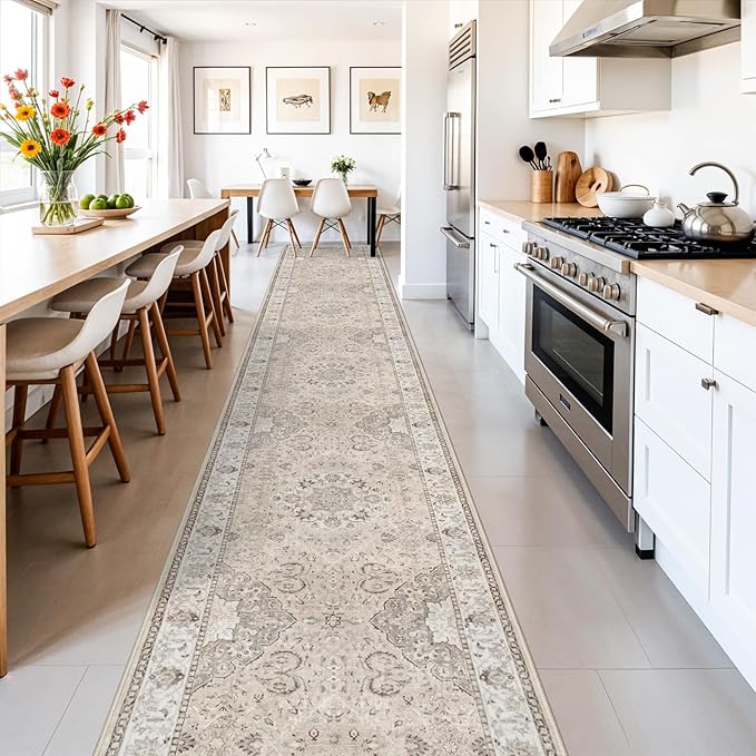 Hallway Washable Runner Rug - 3x16 Kitchen Rugs Entryway Rug Runner Vintage Soft Floor Mat Non Slip Indoor Farmhouse Carpet for Bathroom Living Room Bedroom (3 X 16, Beige)