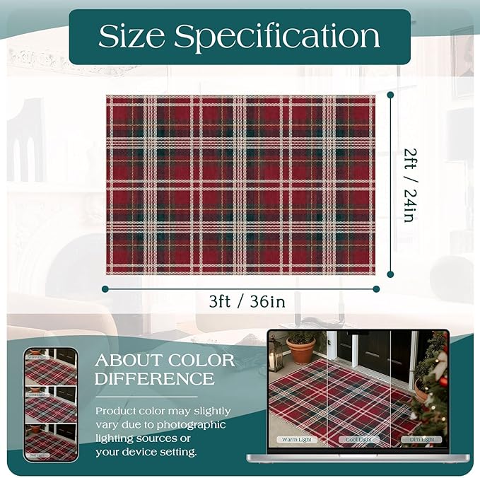 Christmas Front Door Mat Indoor Entrance - 2x3 Ft Non-Slip Doormat Outdoor Rug Small Red Holiday Tartan Plaid Entry Rug for Layered Door Mats Front Porch Entryway Kitchen New Year Decor
