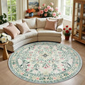 Round Area Rug for Living Room: 6 ft Floral Washable Circle Rug Soft Non-Slip Carpet Indoor Stain Resistant Low Pile Small Circular Rug for Bedroom Entryway Kitchen Nursery Home Office Green Beige