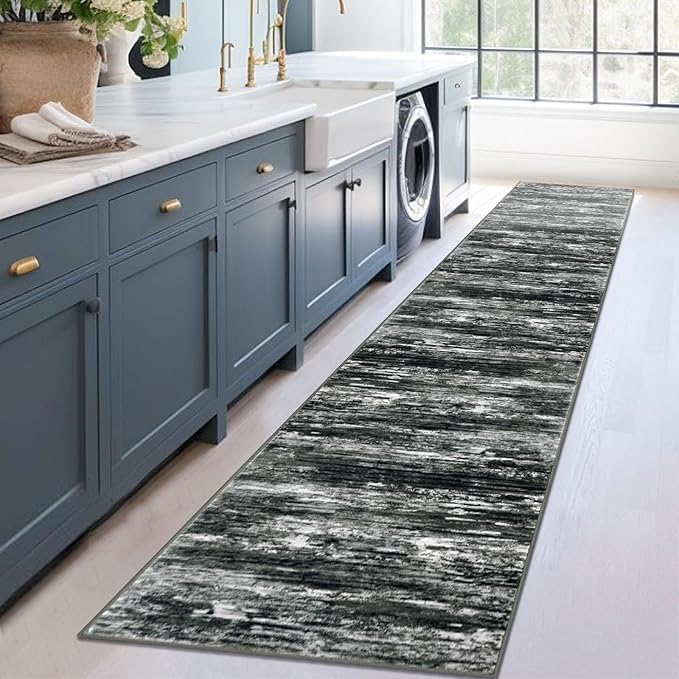 KOZYFLY Modern Abstract Runners for Hallways 2x12 Washable Rug Runner Non-Slip Soft Striped Kitchen Runner Rug, Black Grey Print Carpet Runner for Entryway Bathroom Laundry Room Foyer