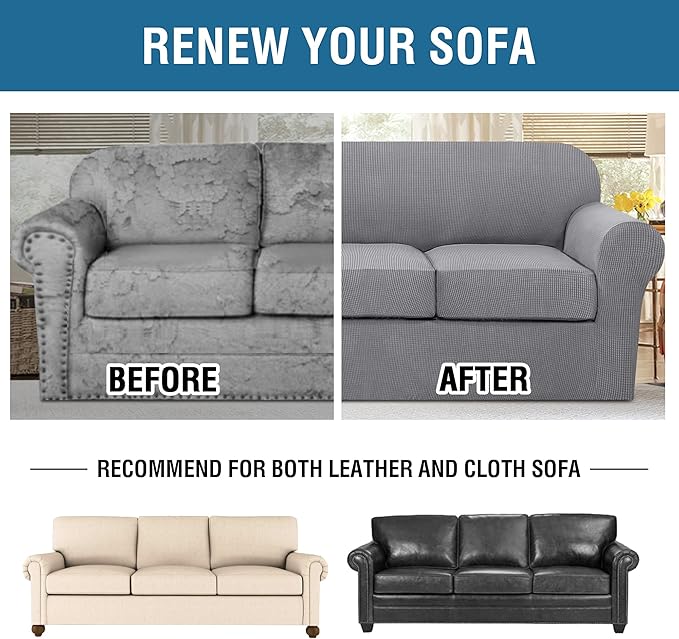 H.VERSAILTEX 4 Piece Stretch Sofa Covers for 3 Cushion Couch Covers for Living Room Furniture Slipcovers (Base Cover Plus 3 Seat Cushion Covers) Upgraded Thicker Jacquard Fabric (XL Sofa, Dove)