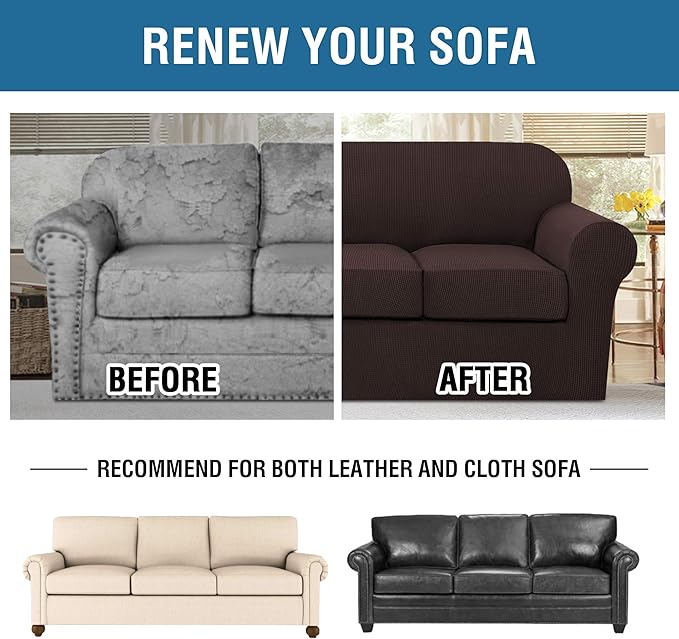 H.VERSAILTEX 4 Piece Stretch Sofa Covers for 3 Cushion Couch Covers for Living Room Furniture Slipcovers (Base Cover Plus 3 Seat Cushion Covers) Upgraded Thicker Jacquard Fabric (Sofa, Chocolate)
