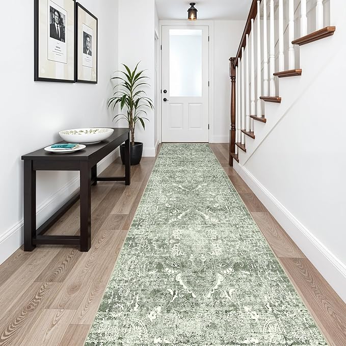 2'6"x14' Washable Hallway Runner Rug - Non Slip Kitchen Runner Rugs with Rubber Backing Vintage Low-Pile Carpet Runners for Entryway Dining Room Laundry Room Home Decor (Muted Sage Green)