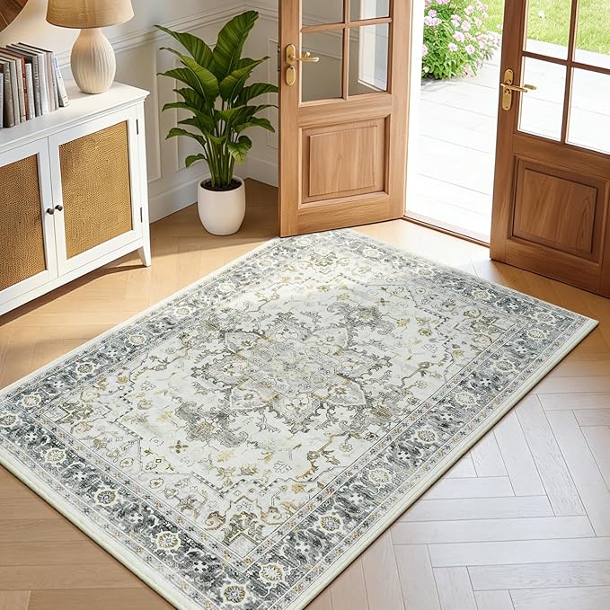 Lofus 3x5 Area Rugs for Entryway, Machine Washable Small Living Room Area Rug, Low Pile Non-Slip Rugs for Bedroom, Kitchen, Home Office, Vintage Oriental Print Rug, Taupe Grey