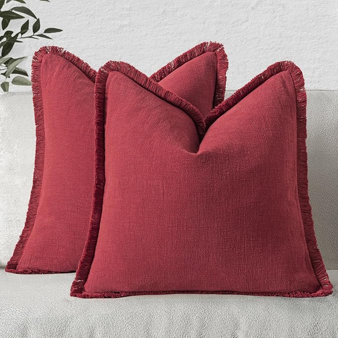 MIULEE Decorative Throw Pillow Covers Neutral Linen Fringe Throw Pillows Euro Shams Set of 2 Burgundy Boho Farmhouse Cushion Covers for Couch Sofa Bed Living Room Home Decor 22x22 Inch