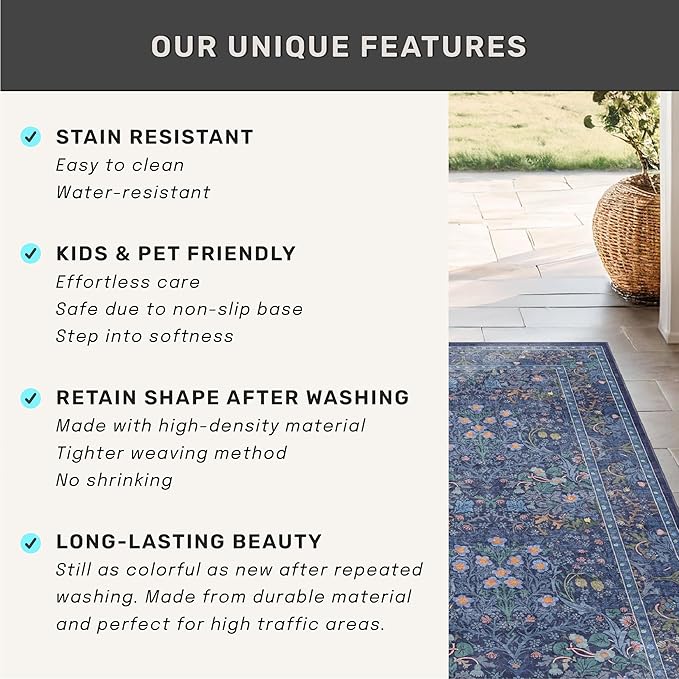 Dark Navy Blue Living Room Rug 5x7 Area Rug - Vintage Floral Forest Washable Mat for Dining Room, Bedroom, Low Pile Non Slip Stain Resistance Distressed Retro Indoor Boho Carpet