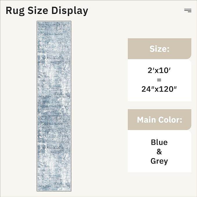 Runner Rug 2'x10' Abstract Washable Non-Slip Runner Rugs for Kitchen Bathroom Laundry Room Blue Vintage Floor Carpet Runners for Hallway Entryway