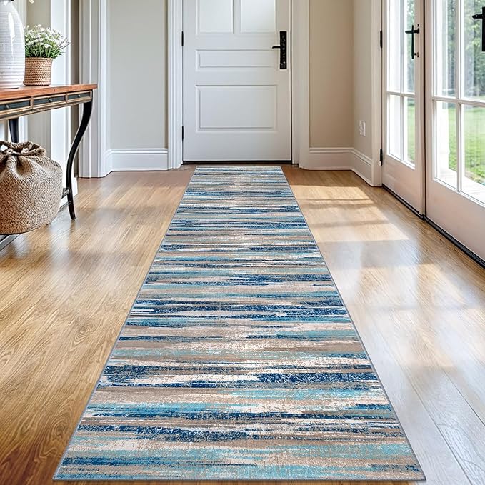 Lansny Modern Abstract Runner Rug 2x12, Blue Washable Long Kitchen Runner Non-Slip Soft Hallway Rug Runner Thin Print Faux Wool Carpet for Entryway Bedroom Laundry Room Indoor Home Decor