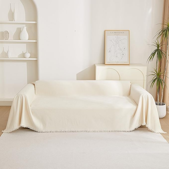 MYSKY HOME Boho Couch Cover Beige Sofa Covers with White Tassel Farmhouse Sofa Slipcover Simple Couch Protector for Dogs Chenille Sectional Couch Covers L Shaped Couch Cushion Covers, 91"x 134"