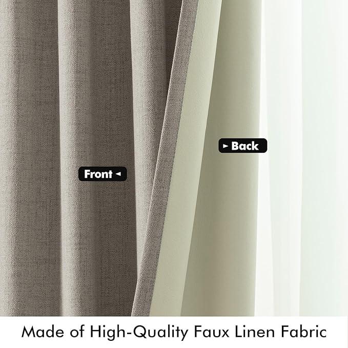 MIULEE 100% Blackout Linen Curtains for Bedroom, Greige Solid Luxury Decor Thermal Insulation Room Darkening Drapes for Living Room Nursery Back Tab Rod Pocket 42 x 72 Inches, 2 Panels