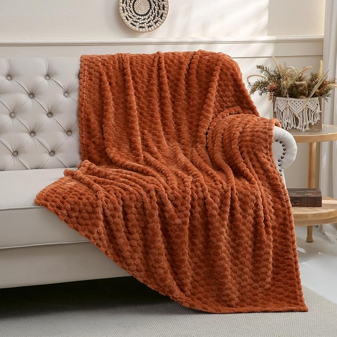 Puncuntex Burnt Orange Throw Blanket 90"×90" inches Fuzzy 3D Jacquard Decorative Flannel Fleece Super Soft Plush Cozy Blanket for Couch Sofa Chair Lightweight