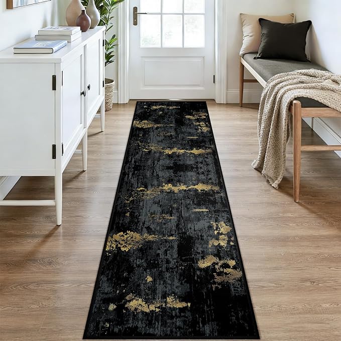 Washable Area Rugs 2x9 Non-Slip Modern Abstract Soft for Living Room Entryway Bedroom Nursery, Print Pattern, Dark Black Gold