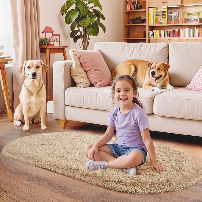 Pionblank Fluffy Area Rug for Bedroom 3.3'x6.2', Shag Oval Rug for Bedside, Ultra Soft Cute Plush Carpet for Living Room Kids Girls Boys Room Nursery Teens Dorm Home Decor, Camel
