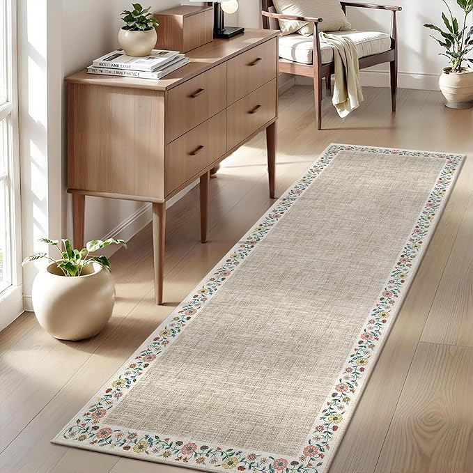 GarveeHome Entryway Rug 2x6 Modern Bordered Runner Rug Washable Kitchen Runners for Hallway Non-Slip Low-Pile Soft Carpet Floral Print Bathroom Mat for Bedroom Laundry Room, Light Camel