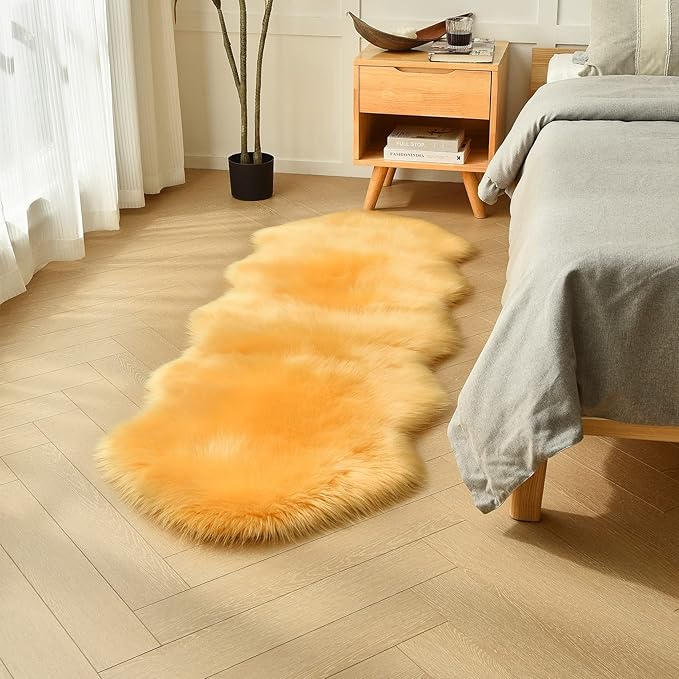 duduta Yellow Faux Sheepskin Runner Rugs 2x6 ft, Fluffy Shag Bedroom Rug Fur Sofa Couch Covers Washable