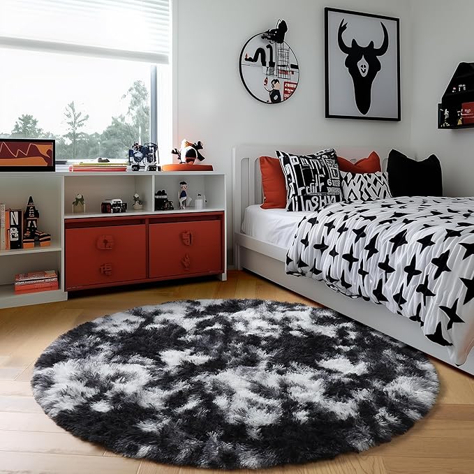 Amdrebio Black White Grey Circle Rug 6Ft Round Area Rugs for Living Room Bedroom, Fluffy Fuzzy Shaggy Furry Rugs for Home Office Kids Room Dorm, Plush Modern Cool Floor Shag Carpet for Men Teen Boys