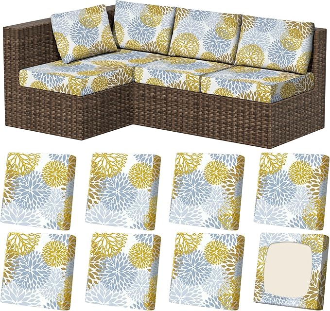 8Pcs Stretch Patio Cushion Covers, Outdoor Couch & Sofa Replacement Slipcovers for Patio Furniture Cushion Covers, Washable Reusable Furniture Protector