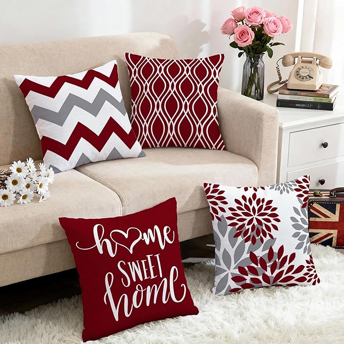 Hexagram Geometric Burgundy Pillow Covers 18x18 Set of 4, Decorative Outdoor Boho Modern Throw Pillow Covers, Home Sweet Home Farmhouse Cushion Case for Couch Sofa Bedroom Indoor Decor(No Insert)