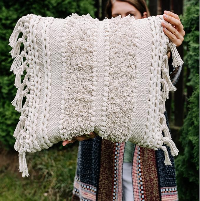 Decorative Boho-Chic Square Pillow Cover 18x18 Handwoven Tufted Braided Cotton Accent Pillows, Neutral Throw Cushion for Couch, Sofa or Bed, Farmhouse & Bohemian Home Decor, Trendy USA Design