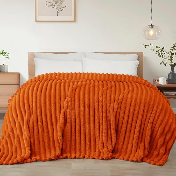 Exclusivo Mezcla California King Size Flannel Fleece Blanket, Super Soft Striped Jacquard Bed Oversized Blanket, Lightweight Fuzzy Cozy for All Seasons, 120x120 Inches, Burnt Orange