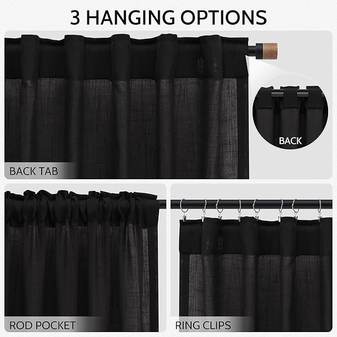 Vintage Black Linen Curtains 63 Inch Length for Living Room Light Filtering Semi Sheer Curtain Back Tab and Rod Pocket Privacy Luxury Gothic Vintage Decor Drapes for Bedroom Office 52x63, 2 Panels