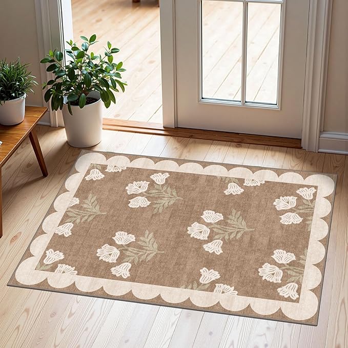 Front Door Mat Outside Entrance - 2x3 Floral Non-Slip Washable Doormat Indoor Outdoor Mat Tan Neutral Farmhouse Scalloped Entry Rug Small Throw Rugs for Entryway Kitchen Front Porch Decor