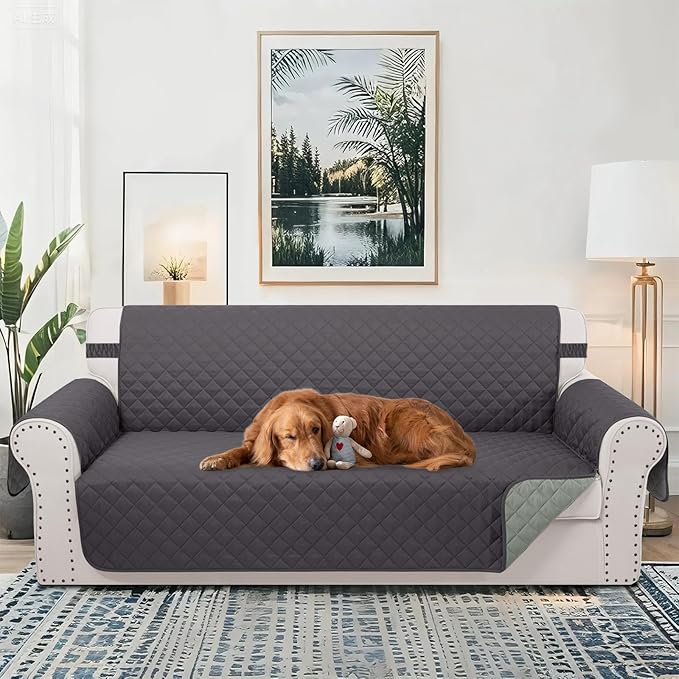 Reversible Couch Cover for 3 Cushion Couch for Pet Friednly Sofa Cover for Dogs Water Resistant Furniture Protector Washable with Elastic Straps(Sofa,Dark Grey/Light Grey)