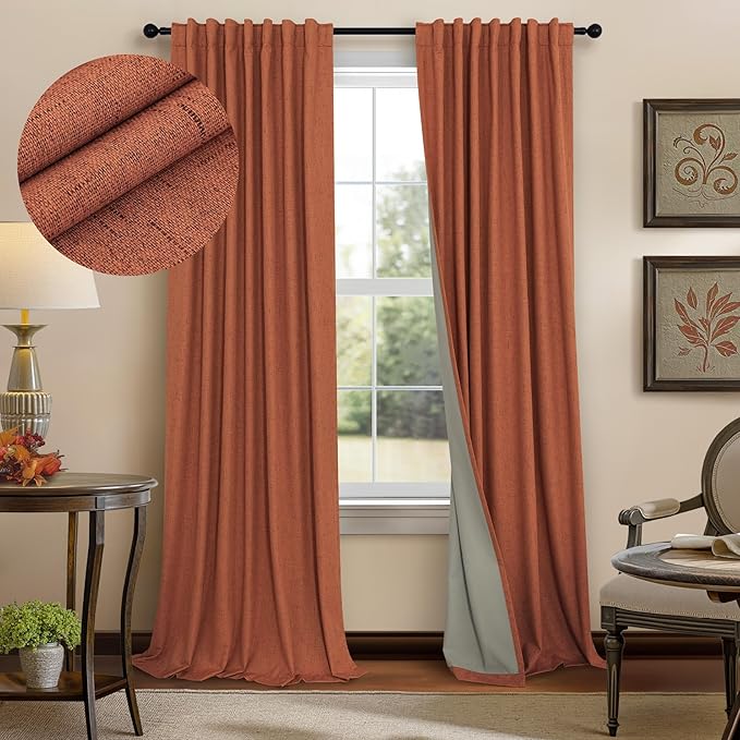 Rust Colored Curtains for Bedroom 96 Inches Long 2 Panel Set Faux Linen Cute Blackout Curtains for Living Room Darkening Thermal Drapes Farmhouse Decorative Window Treatments Terracotta Burnt Orange
