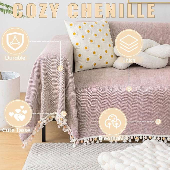 HANDONTIME Soild Couch Covers for Dogs Pink-Purple Sofa Covers Boho Cover for Sofa 3 Seats Chenille Sofa Throw Cover Mauve Sofa Covers for 3 Cushion Couch Tassel, Washable, Pet Friendly, 91" X150"