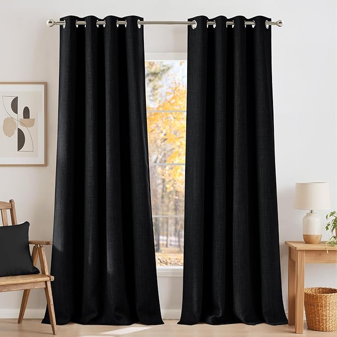 NICETOWN Faux Linen Black Blackout Curtains 84 inches Long for Living Room - Privacy Panels for Bedroom, Modern Farmhouse Style Easy Care Grommet Top, 2 Panels, W52 by L84