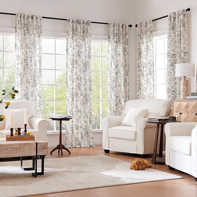 jinchan Linen Blend Curtain Floral Curtains for Living Room 90 Inch Length Black Printed Curtain Rod Pocket Back Tab Farmhouse Peony Flower Patterned Drapes Bedroom Window Curtains Set 2 Panels