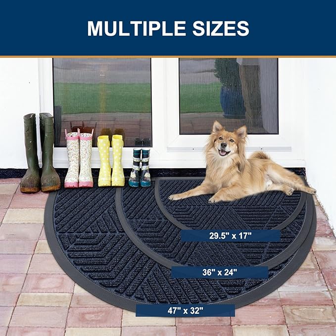 Smiry Half Circle Front Door Mat Outside Entrance, Heavy Duty Sturdy Natural Rubber Doormat, Trap Dirt and Moisture, Low Profile Mats for Indoor Outdoor Entry, Irregular Triangle (47x32, Navy Blue)