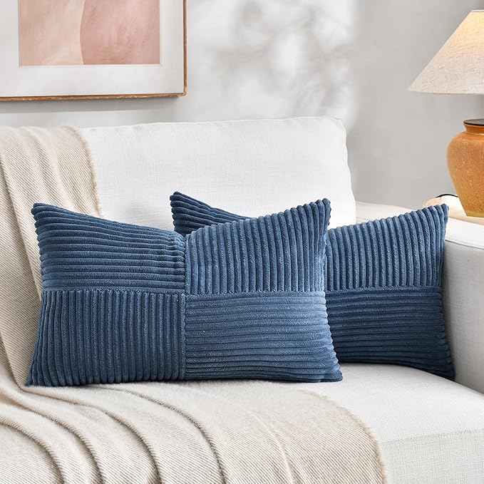 Fancy Homi 2 Packs Dusty Blue Lumbar Decorative Throw Pillow Covers 14x22 Inch for Couch Bed Sofa, Rustic Farmhouse Boho Home Decor, Soft Striped Corduroy Rectangle Accent Cushion Case 35x55 cm