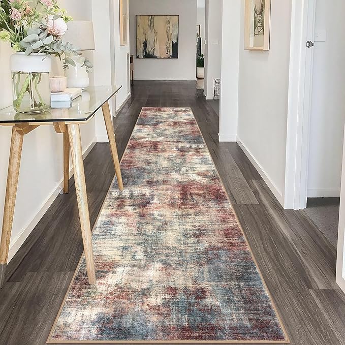 IOHOUZE Abstract Runner Rug 2x10 Ft Washable Runners for Hallways, Non Slip Kitchen Runner Printed Faux Wool Entryway Runner Indoor, Modern Abstract Floor Carpet for Hall Kitchen, Red/Multi