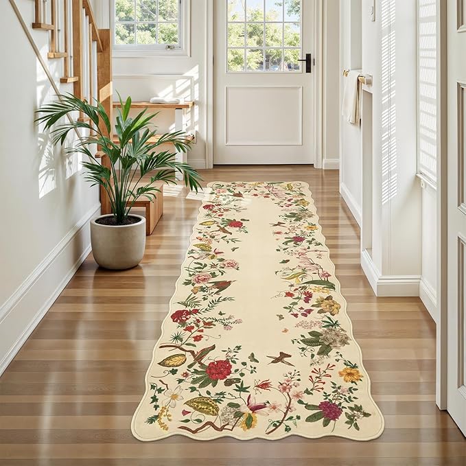 Rugflix 2x6 Runner Rug for Hallway, Washable Kitchen Runner Non Slip, Soft Low Pile Entryway Carpet, Vintage Floral Stain Resistant Long Laundry Room Rugs for Bedroom, Stairs
