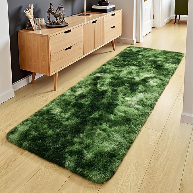 Tepook Soft Runner Rugs for Bedroom 2x6 with Rubber Backing, Tie-Dyed Dark Green Fluffy Rugs for Hallway, Shag Bedside Rug Fuzzy Plush Carpet for Living Room Dorm Nursery Indoor Home Decor