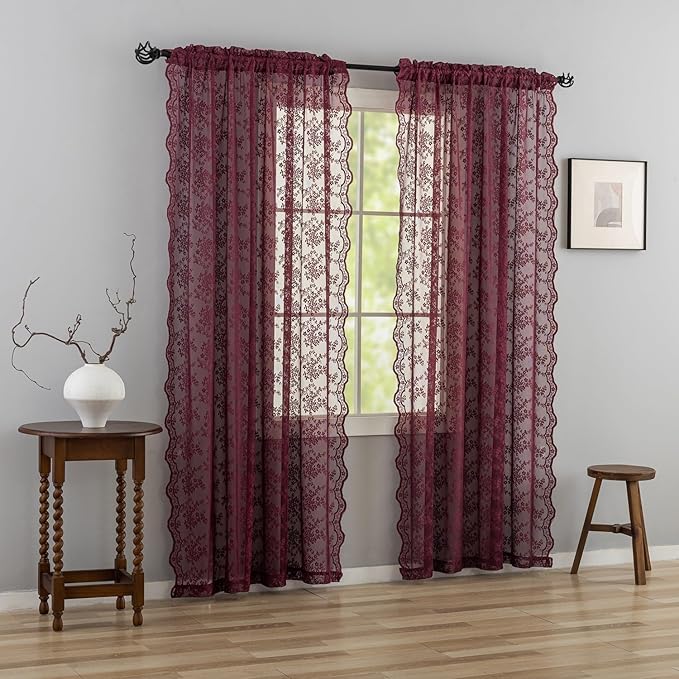 YJ YANJUN Vintage Lace Curtains 108 Inches Long-Victorian Floral Pattern Burgundy Red Sheer Curtain Panels for Living Room Bedroom Farmhouse Wine Winter Voile Window Drapes 52" W x 108" L 2 Panels