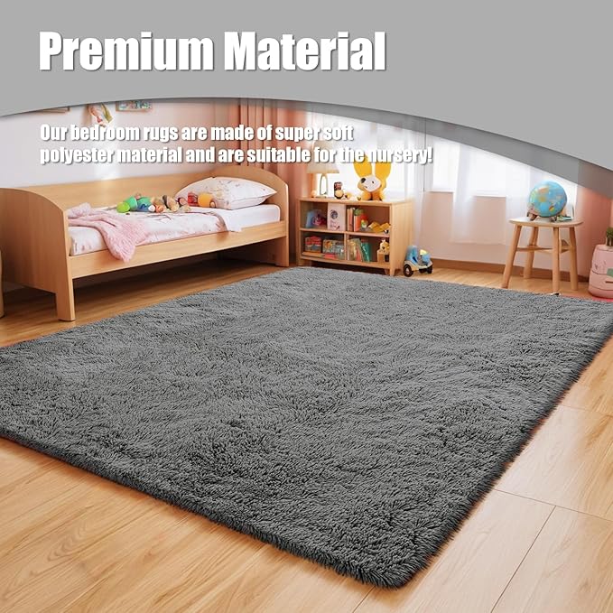 Ultra Soft Fluffy Area Rugs for Bedroom Living Room 10x12, Nursery Rug, Non-Slip Carpet for Kids Dorms Decor, Shaggy Bedside Rug, Deep Grey
