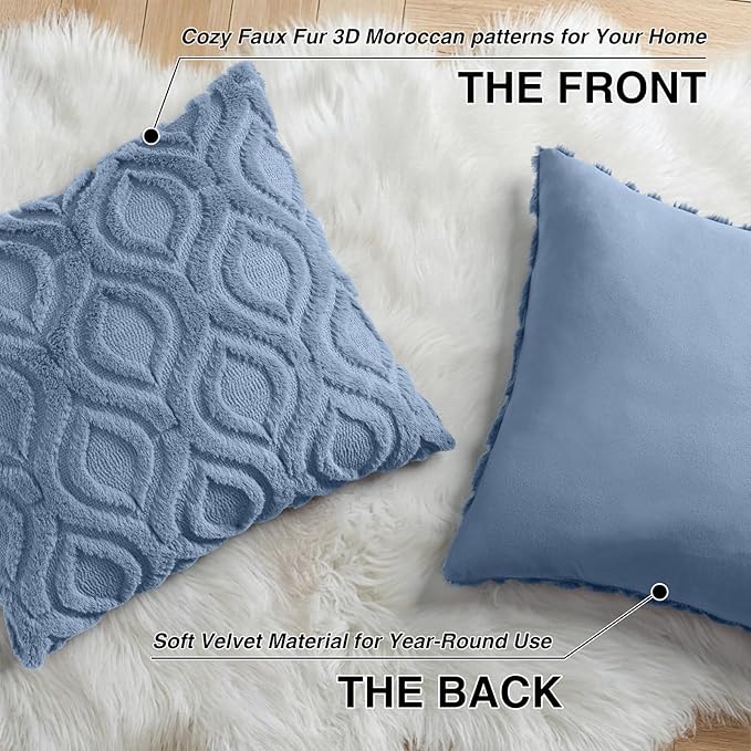 decorUhome Throw Pillow Covers 16x16 Inch Set of 2, Soft Plush Faux Wool Dusty Blue Solid Couch Pillow Covers, Accent Farmhouse Neutral Square Pillow Cases for Sofa Bed Living Room
